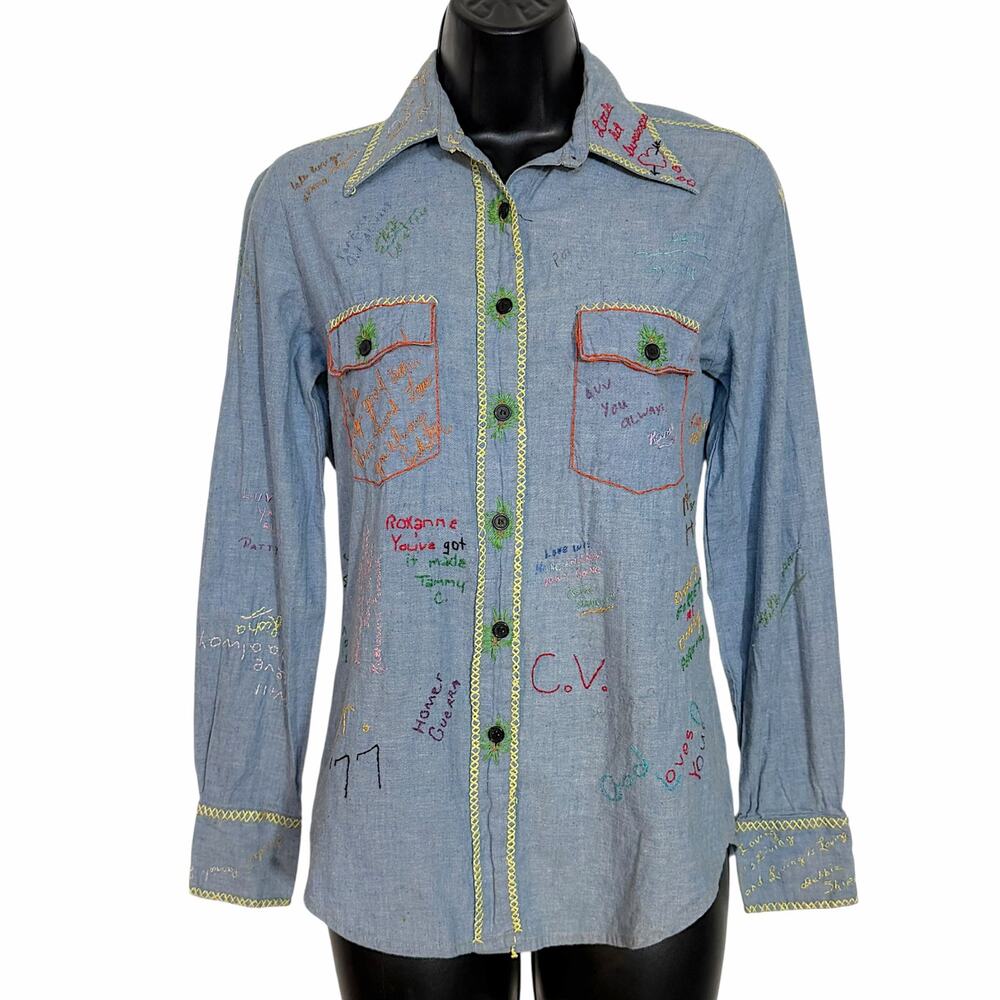Vtg 70s Moodys Goose Chambray Shirt L Embroidered Autograph Signature 1977 Class